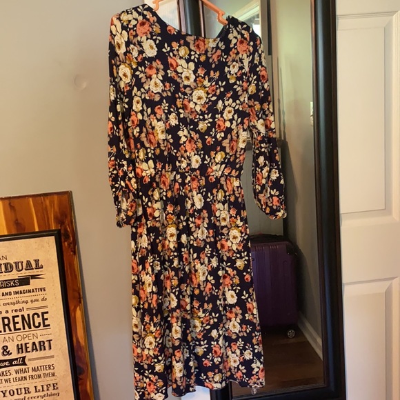 Navy floral long sleeve aline dress - Picture 3 of 8